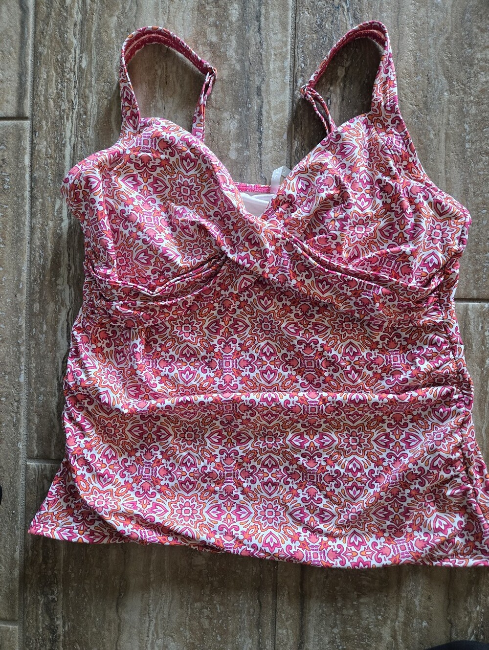 Lands' End Pink Floral Geometric Tankini Swim Top, Size 16L